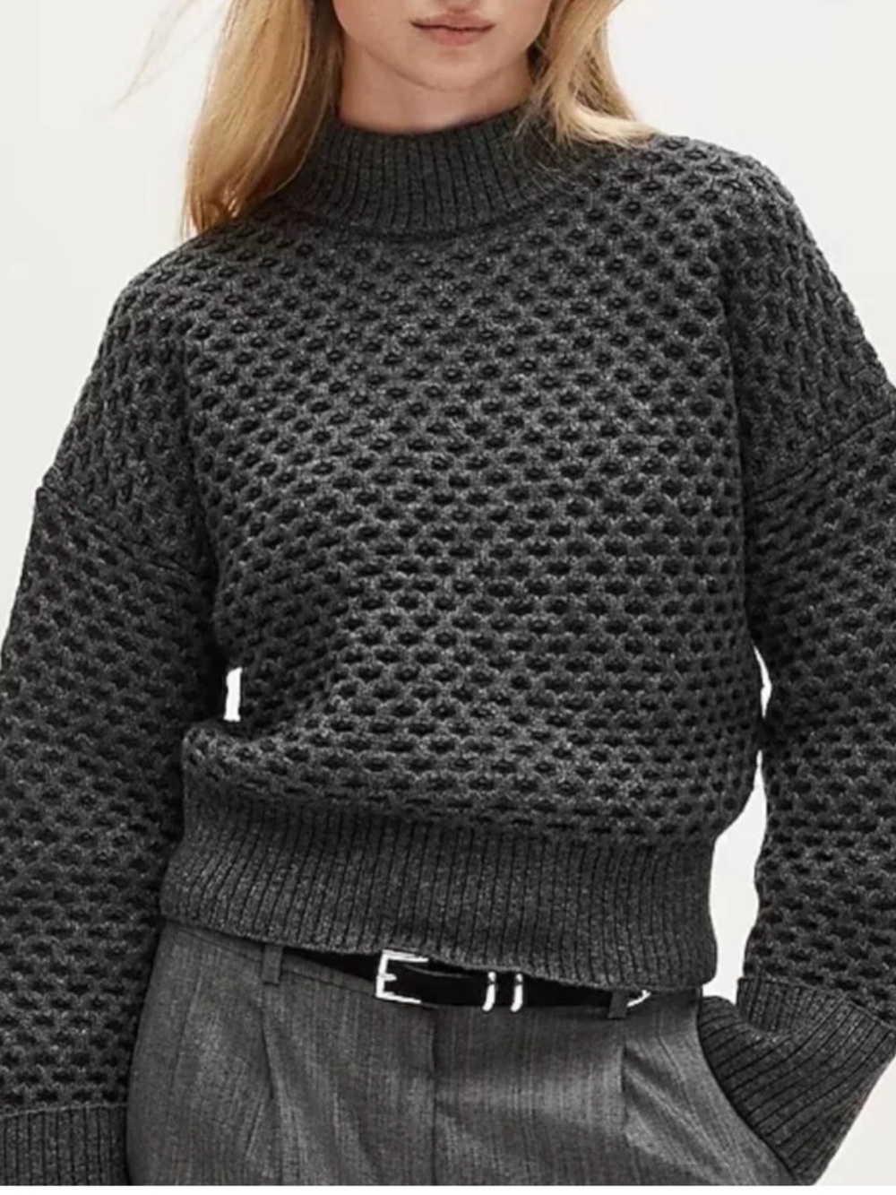 J. Crew Dark Charcoal Honeycomb Mock Neck Sweater